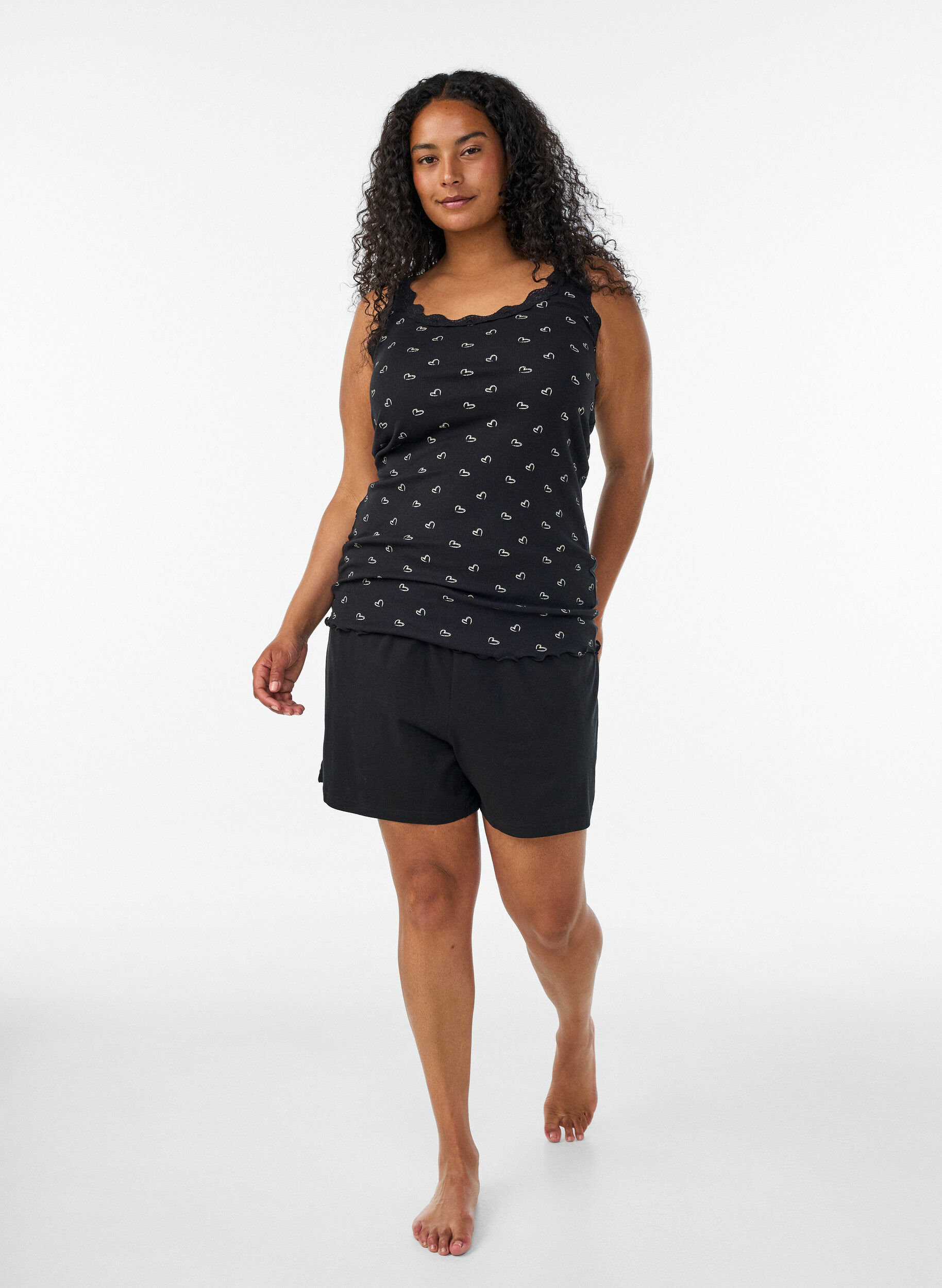 ZizzifashionTop with print and lace edge, Black, Model image number 1