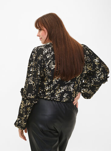 Long-sleeved blouse with frills and foil print, Black Foil AOP, Model image number 1