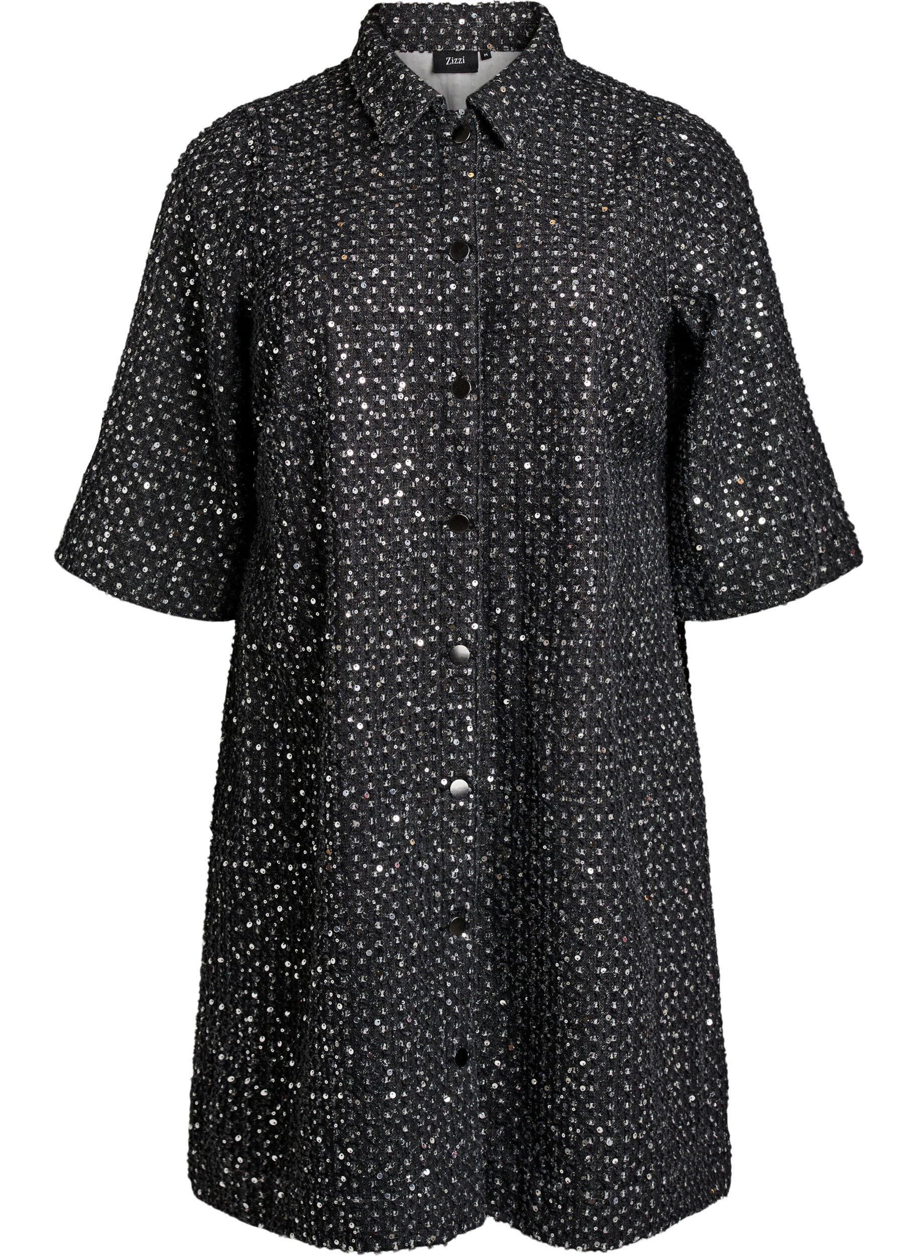 ZizzifashionDenim dress with sequins and 3/4 sleeves, Black, Packshot image number 0