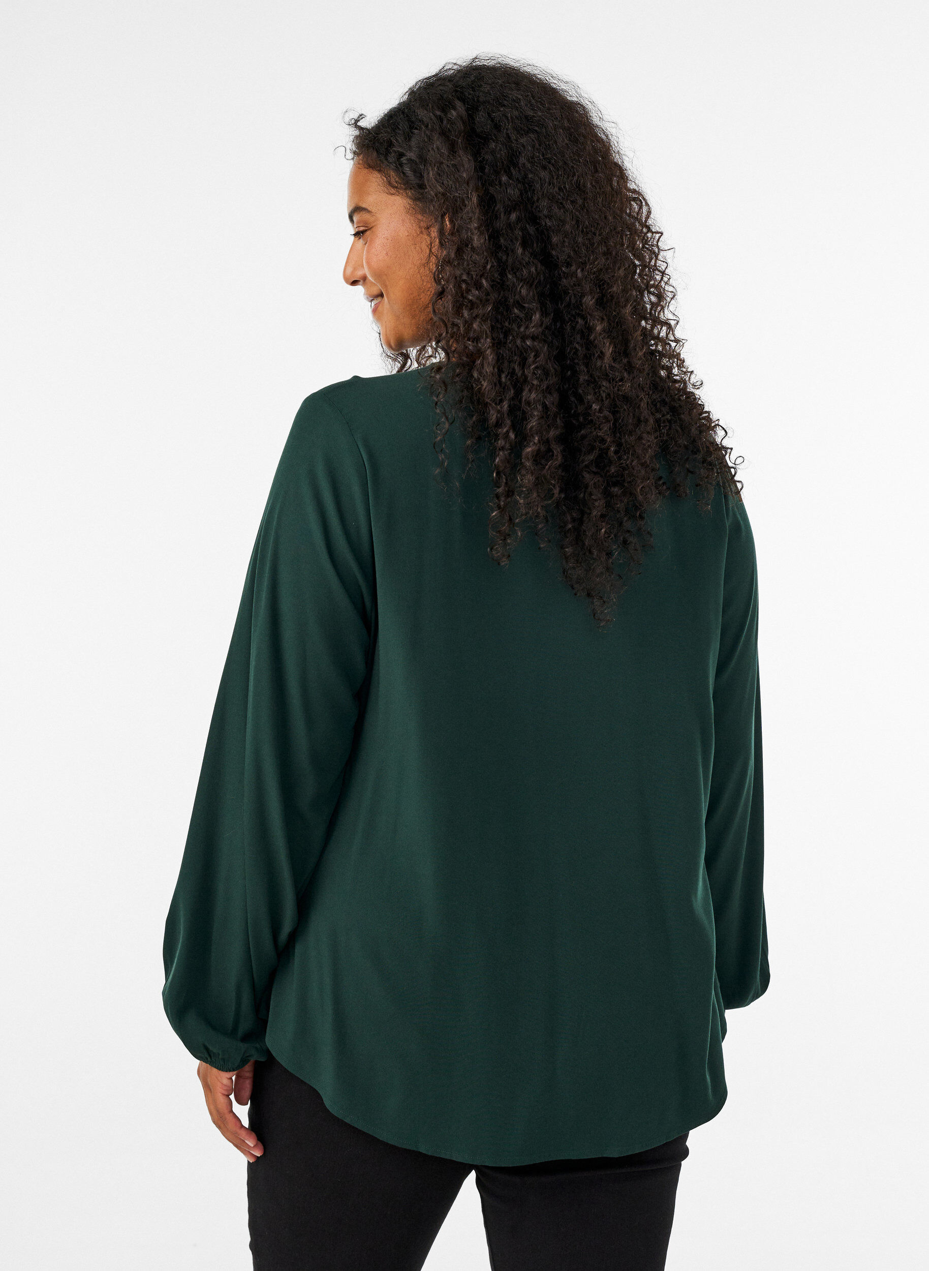 ZizzifashionViscose blouse with V-neck and rounded hem, Green, Model image number 2