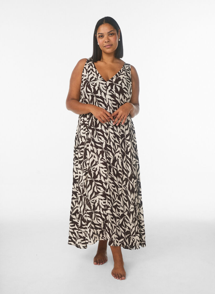 Sleeveless A-line maxi dress with a V-neck, Brown, Model image number 0