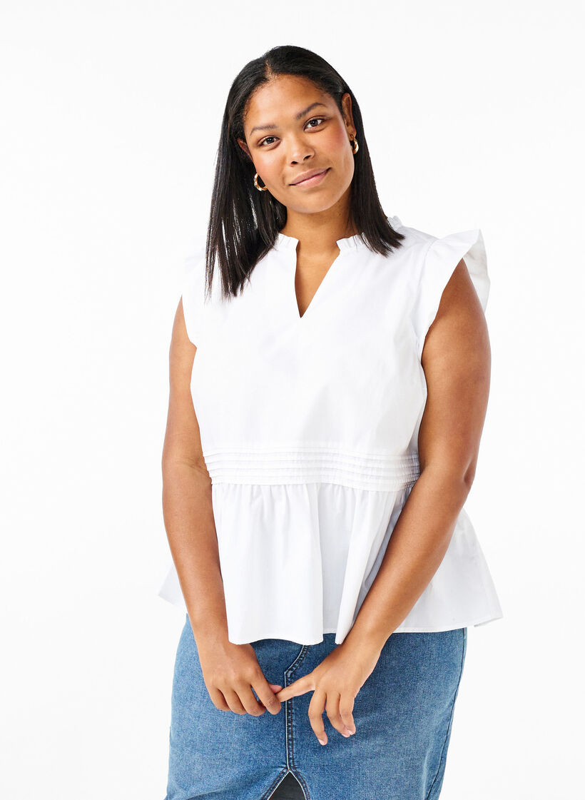 Sleeveless top with pin-tuck and ruffle details, White, Model image number 0