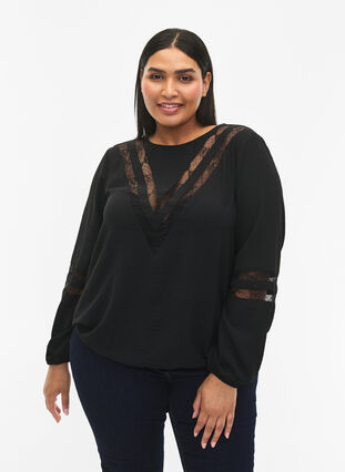 Long-sleeved blouse with lace, Black, Model image number 0