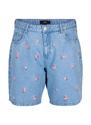 Denim shorts with embroidered flowers, Light Blue AOP, Packshot image number 0