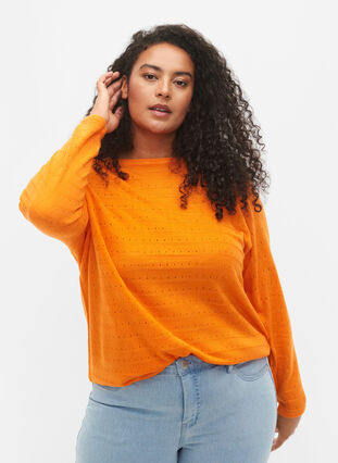 Textured knitted top with round neck, Vibrant Orange, Model image number 0
