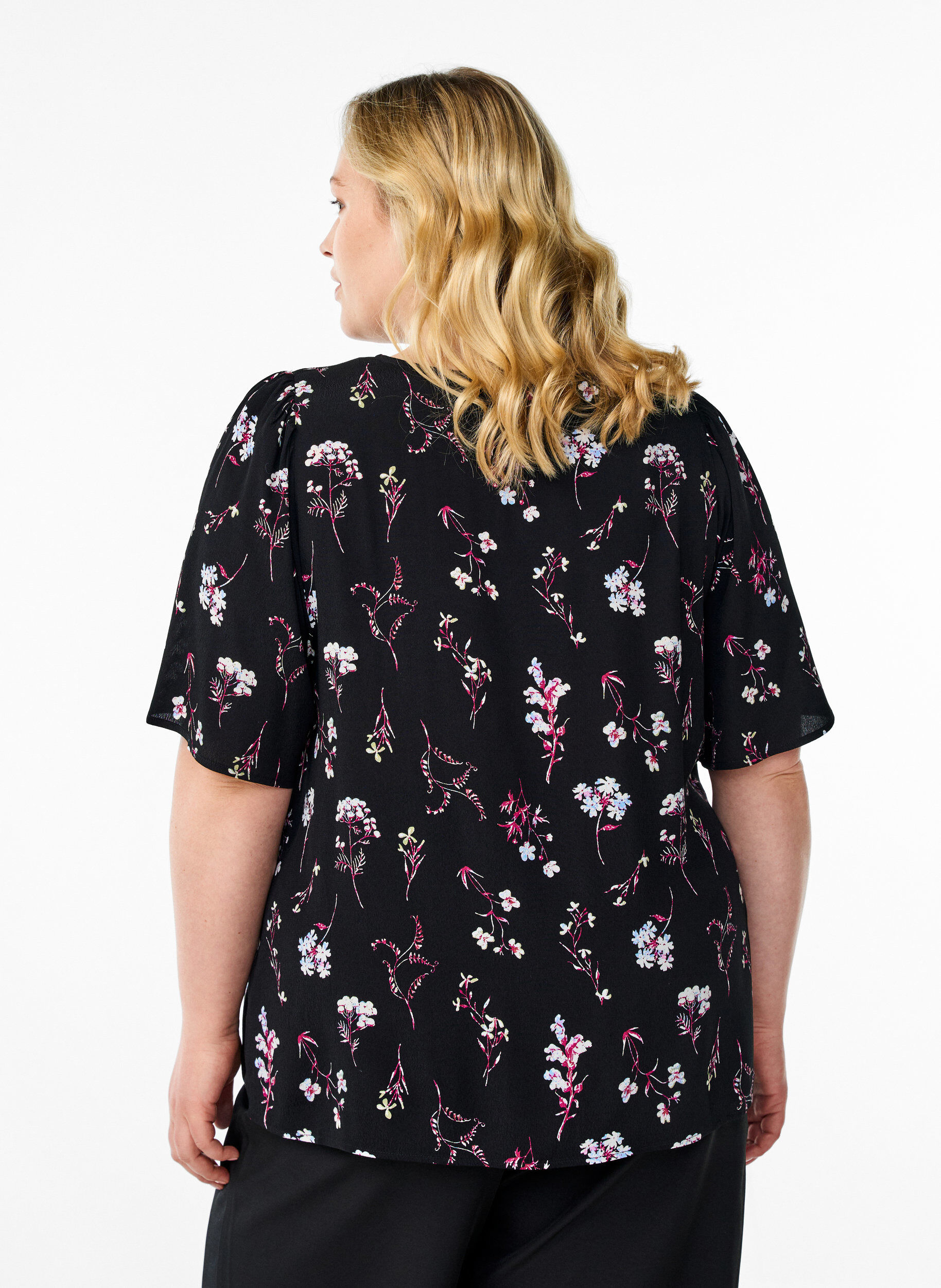 ZizzifashionFloral blouse with short sleeves, Black, Model image number 2