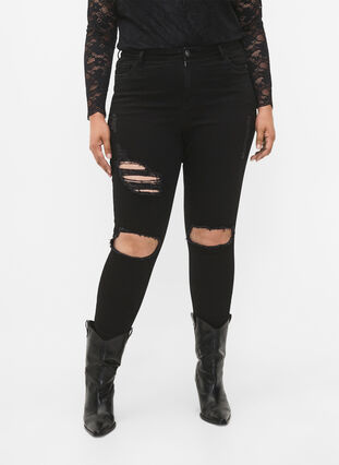 Tight-fitting jeans with rip details, Black, Model image number 2