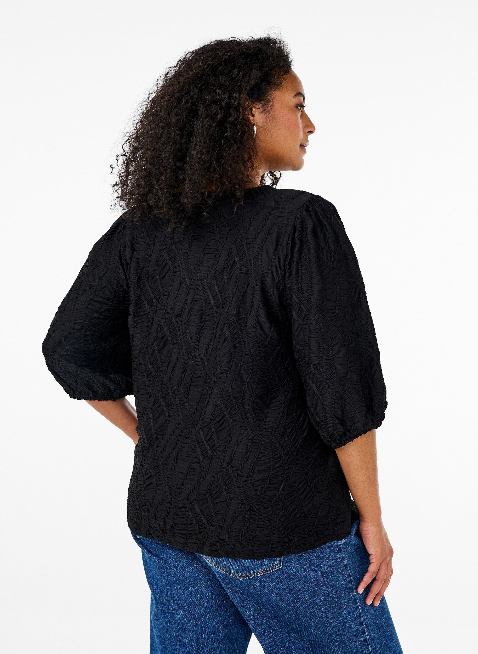 ZizzifashionBlouse with texture and 3/4 sleeves, Black, Model image number 2