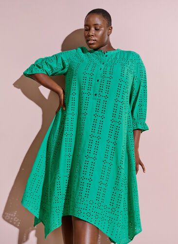 Cotton dress with broderie anglaise, Holly Green, Image image number 0