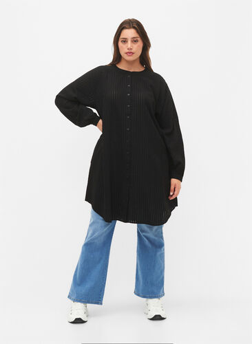 Long viscose shirt with striped pattern, Black, Model image number 2