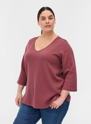 Cotton blouse with V-neck and 3/4 sleeves, Wild Ginger, Model image number 0