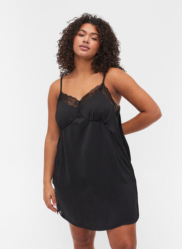 Nightgown with lace and slits, Black, Model image number 0