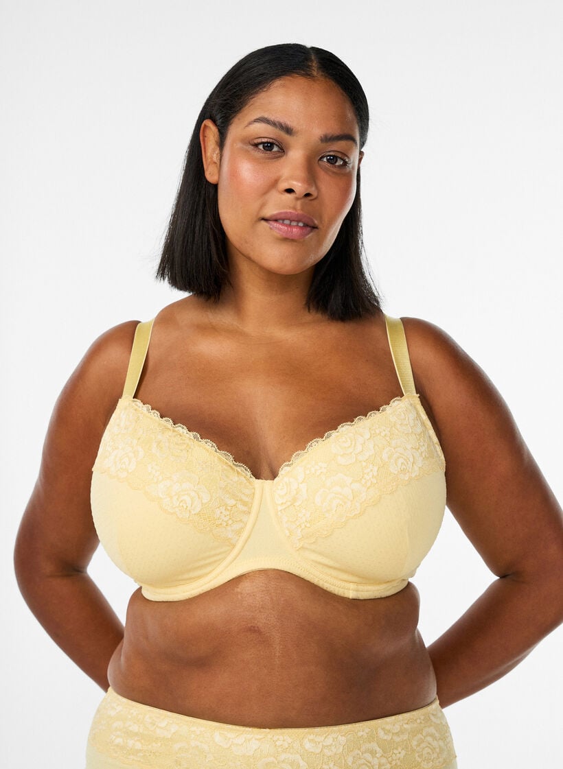Padded bra with lace and dobby texture, Yellow, Model image number 0