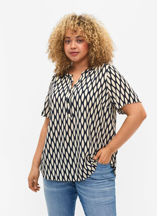 Blouse with short sleeves and v-neck, Oval AOP, Model image number 0