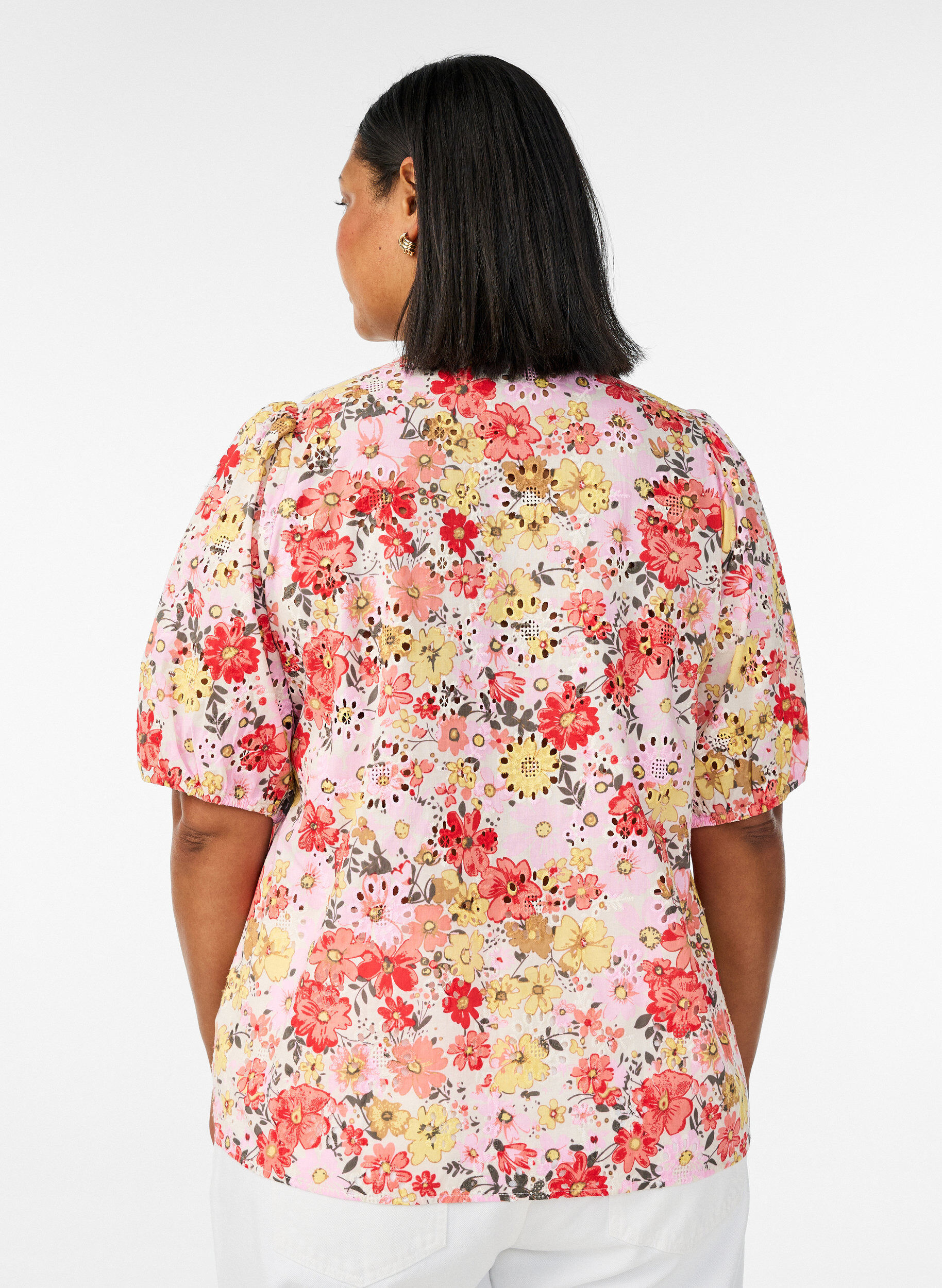 ZizzifashionFloral blouse with eyelet embroidery and V-neck, Rose, Model image number 2