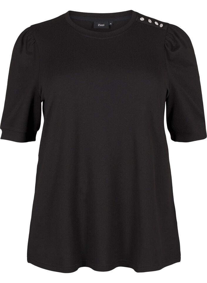 Blouse with button detail and short puff sleeves, Black, Packshot image number 0