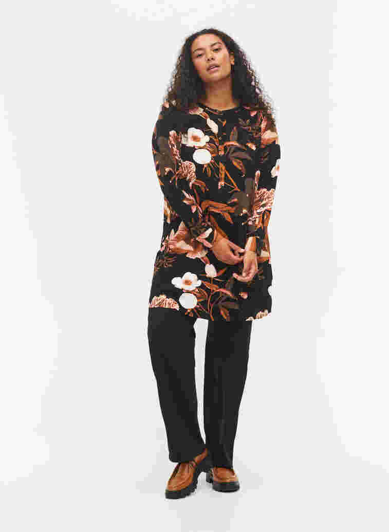 Floral tunic with long sleeves in viscose, Black Flower AOP, Model image number 2