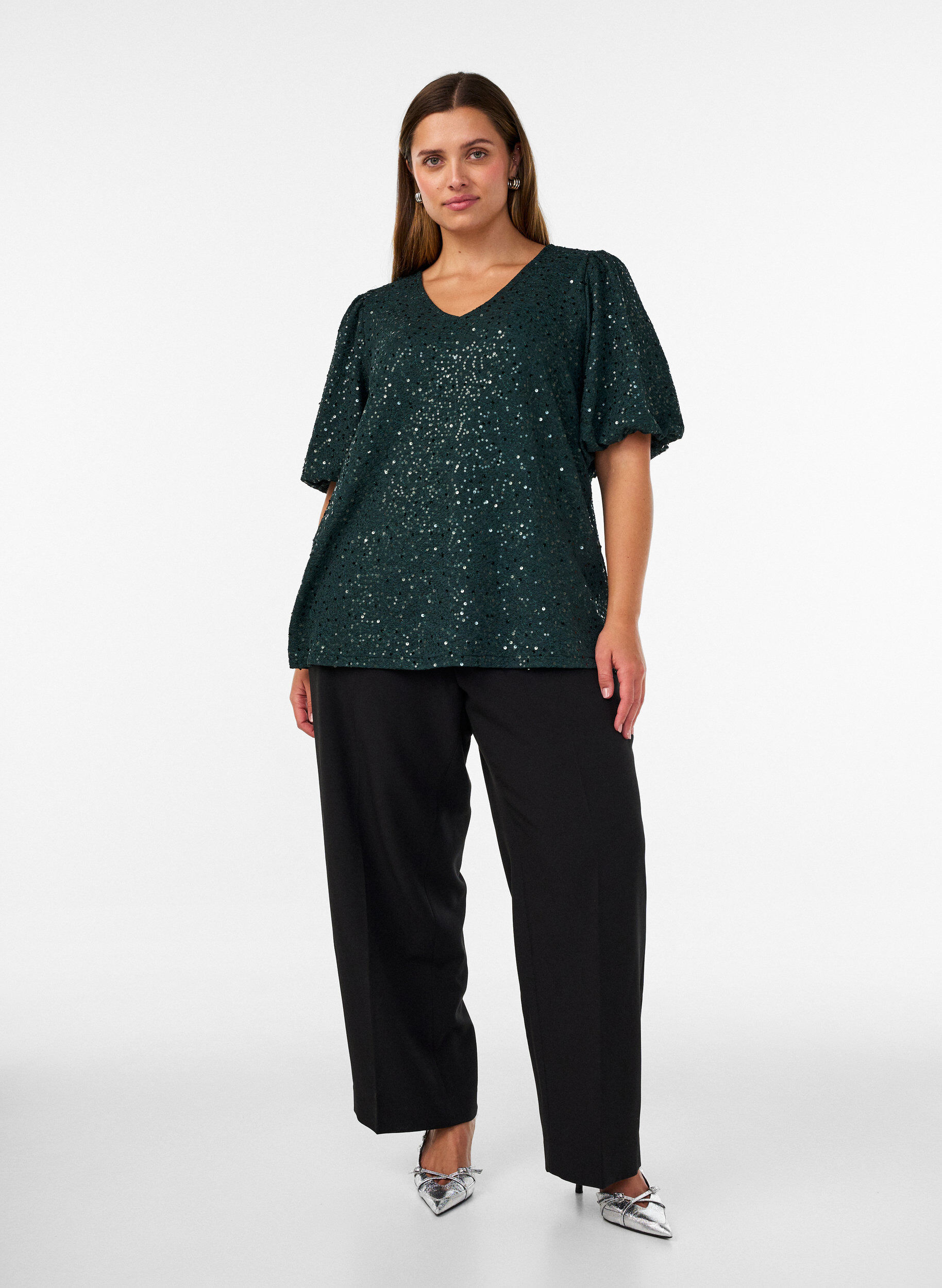 ZizzifashionSequin blouse with balloon sleeves, Green, Model image number 1