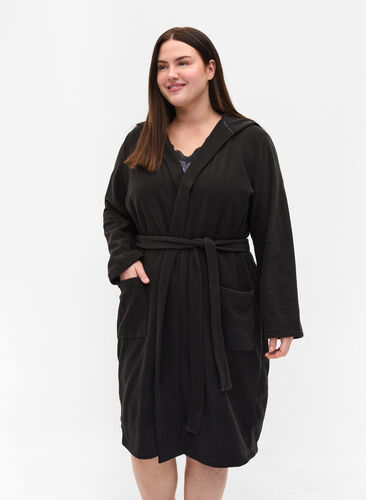	 Dressing gown with hood and pockets, Black, Model image number 0