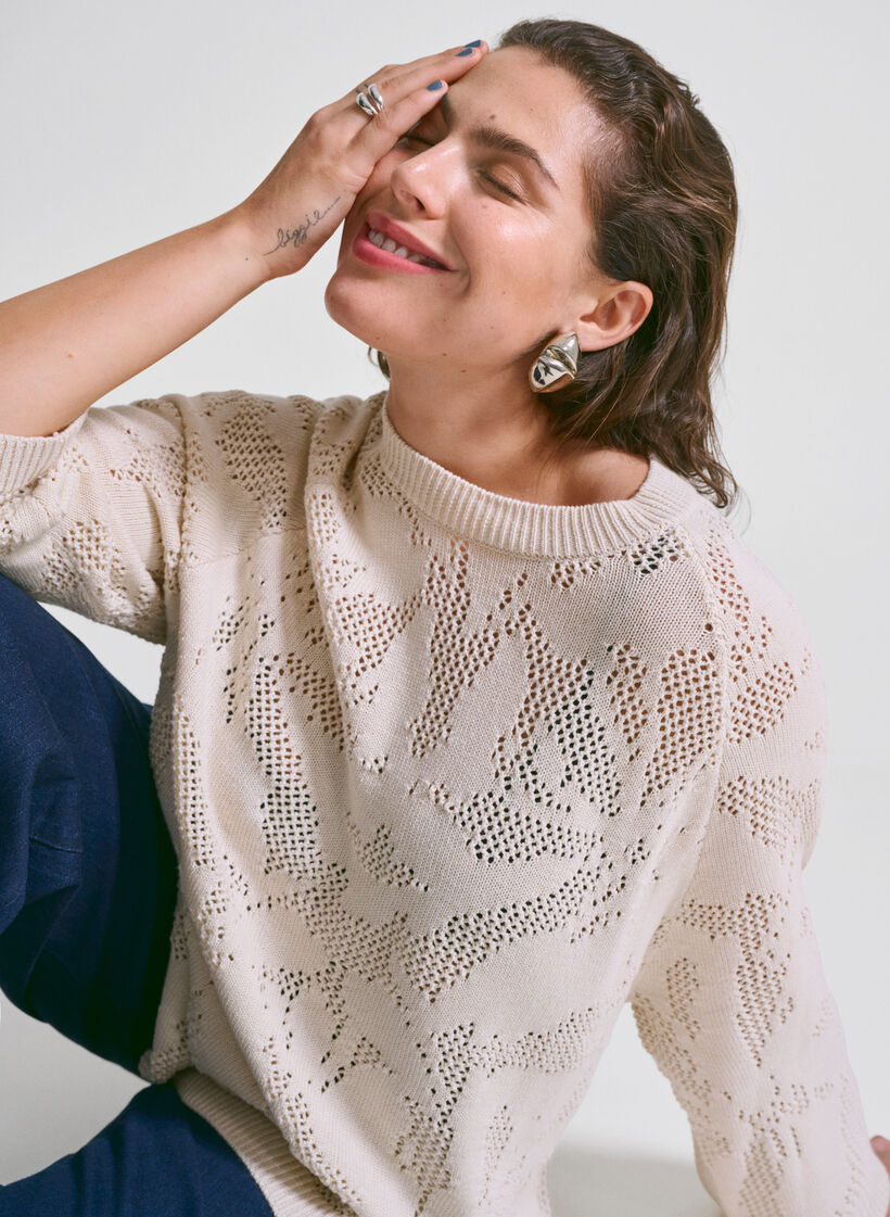 Knit blouse with an openwork pattern and 3/4 sleeves, Birch, Image image number 0