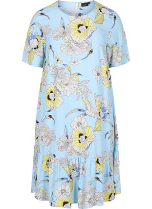 Short-sleeved floral viscose dress, Light Blue AOP, Packshot image number 0