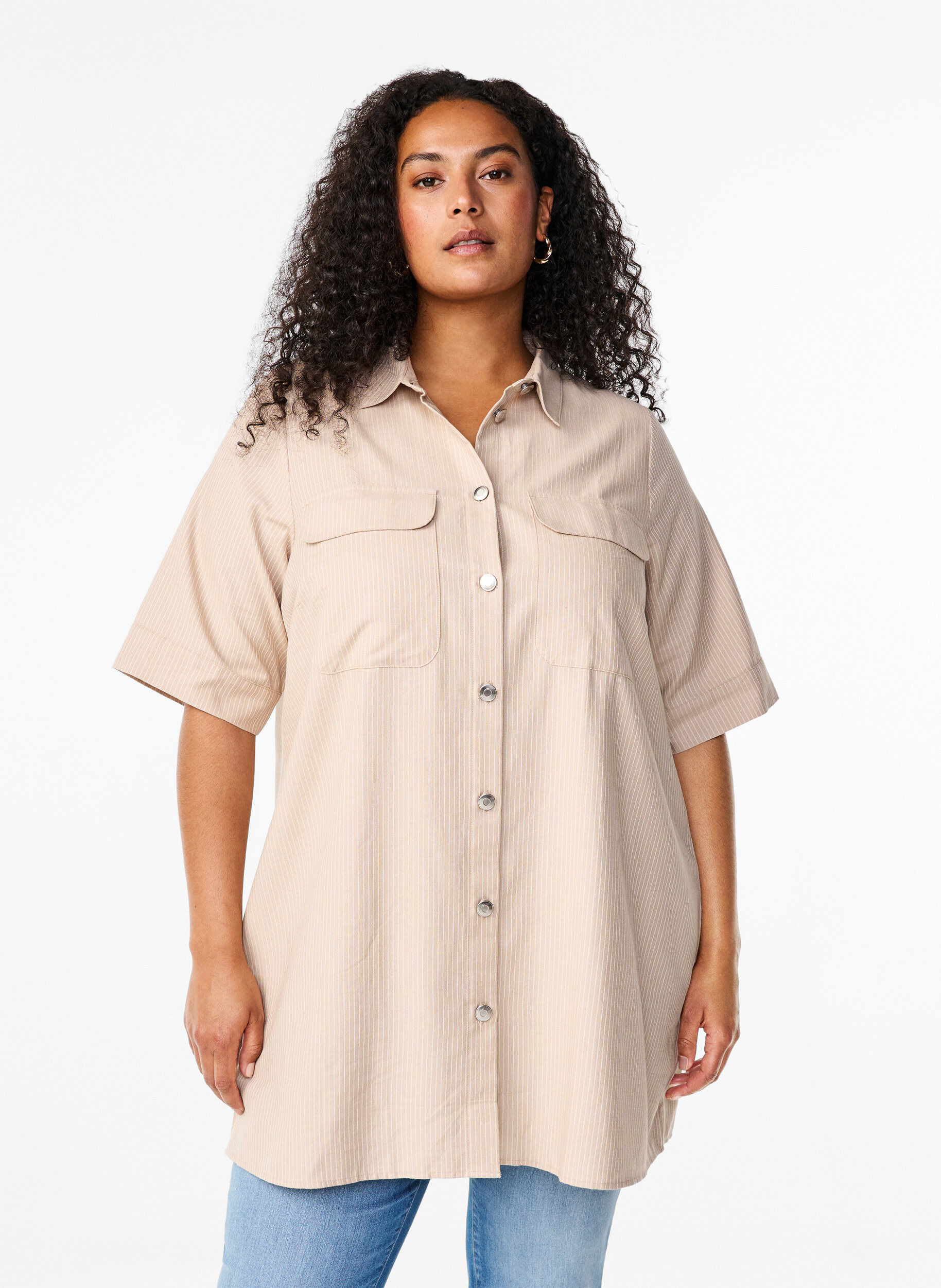Zizzifashion Striped tunic with buttons and chest pockets, Beige, Model image number 0