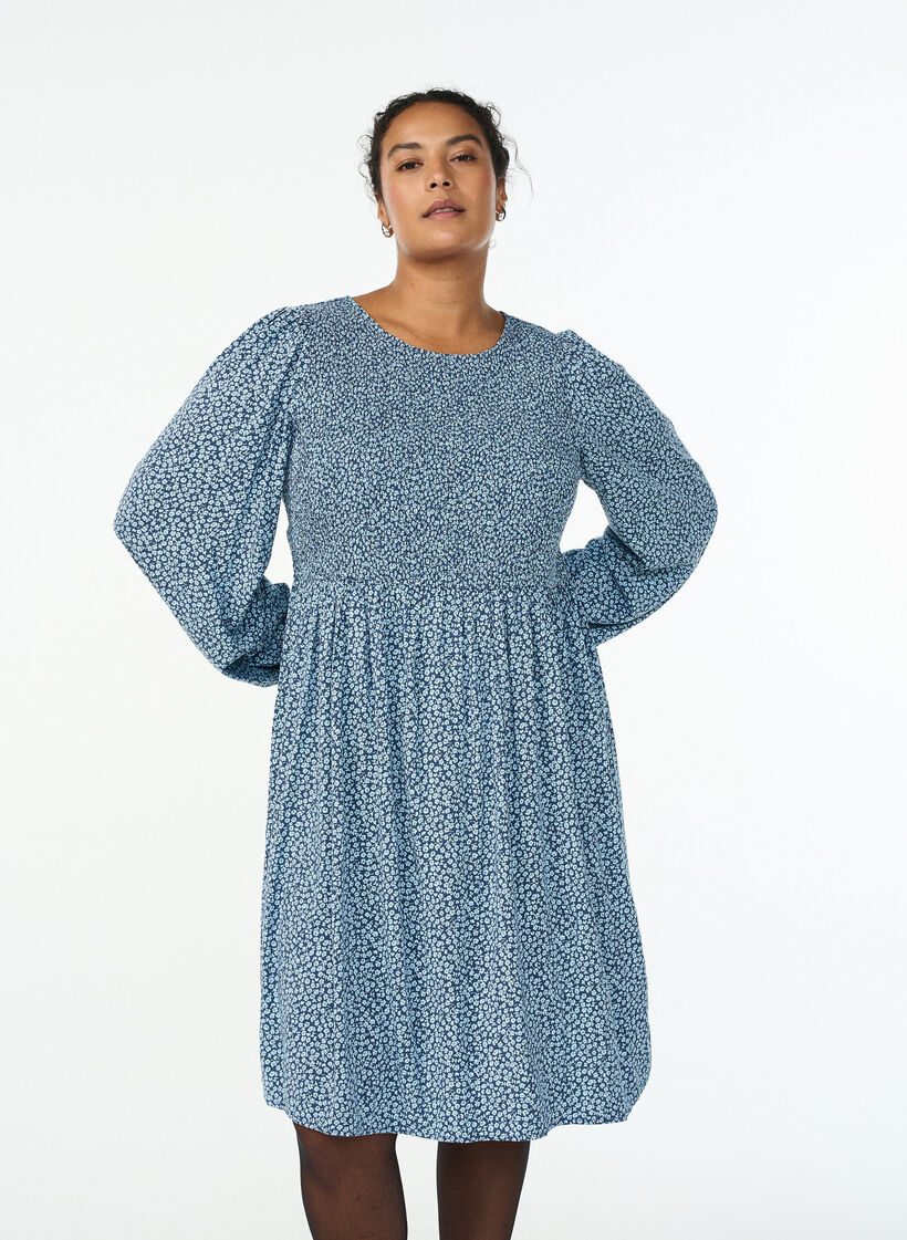 Dress with a smocked top and ditsy floral pattern, Blue, Model image number 0