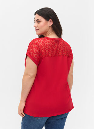 Short-sleeved cotton t-shirt with lace, Tango Red, Model image number 1