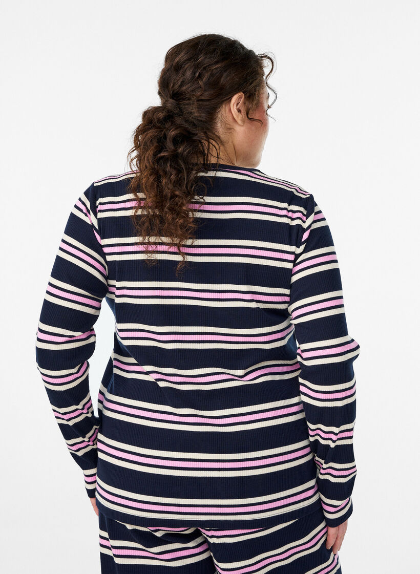 Long-sleeved night top in ribbed jersey with stripes, Blue, Model