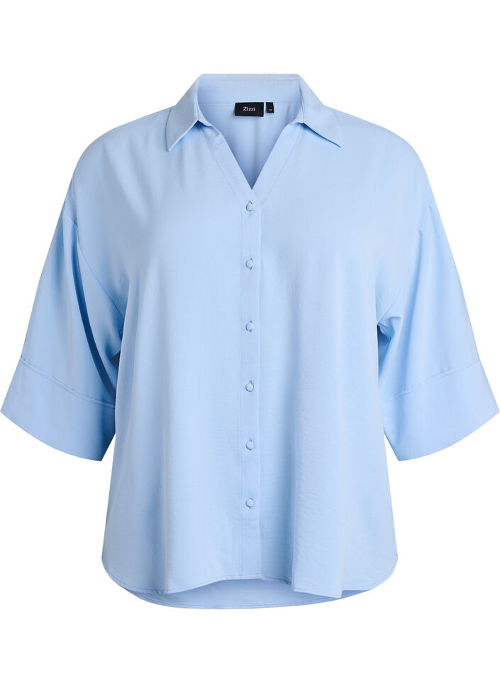 Loose shirt with a v-neck and 3/4 sleeves, Light Blue, Packshot image number 0