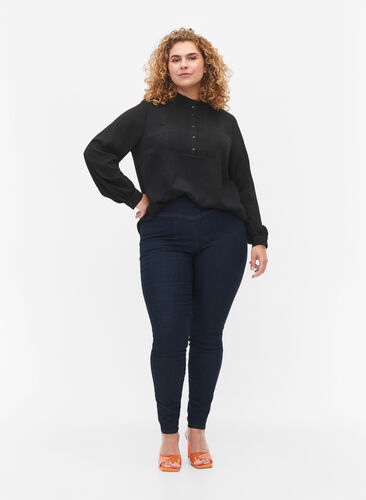 Long-sleeved blouse with ruffle collar, Black, Model image number 2