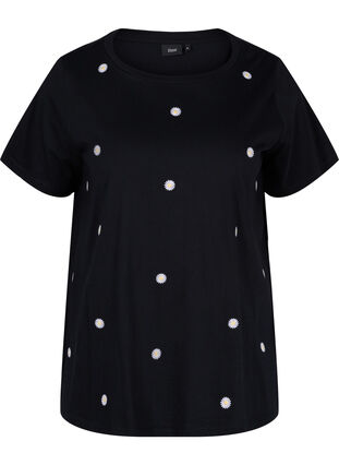 Short sleeve cotton t-shirt with flowers, Black W. Flower, Packshot image number 0