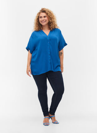Short-sleeved viscose shirt with v-neck, Classic Blue, Model image number 2