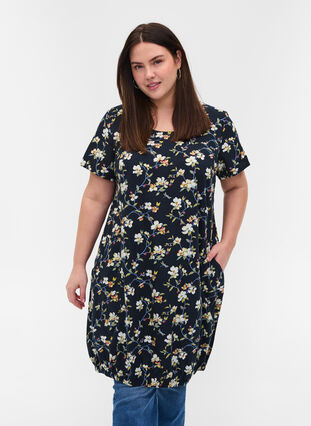 Short-sleeved, printed cotton dress, Vulcan Flower AOP, Model image number 0