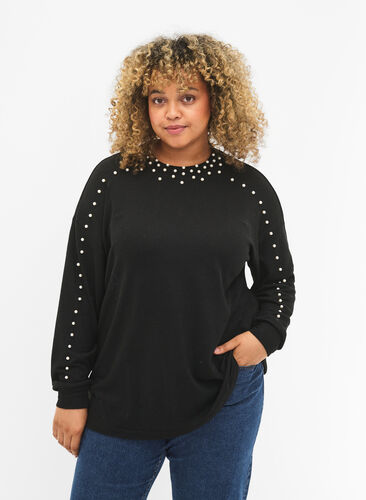 Long sleeve blouse with beads, Black, Model image number 0