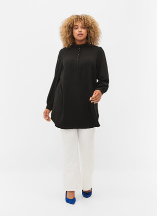 Long-sleeved tunica with ruffle collar, Black, Model image number 2