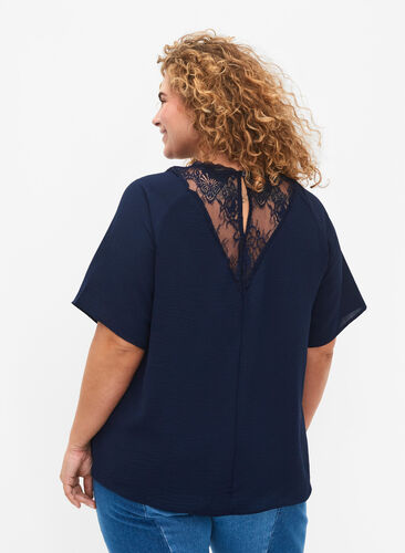 Short-sleeved blouse with lace , Navy Blazer, Model image number 1