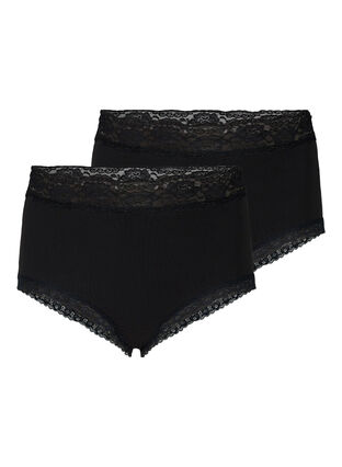 2-pack hipsters with lace trim and high waist, Black, Packshot image number 0