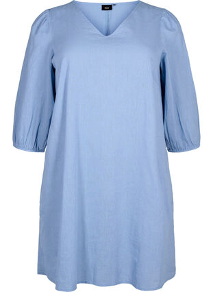 Cotton blend short dress with linen, Faded Denim, Packshot image number 0