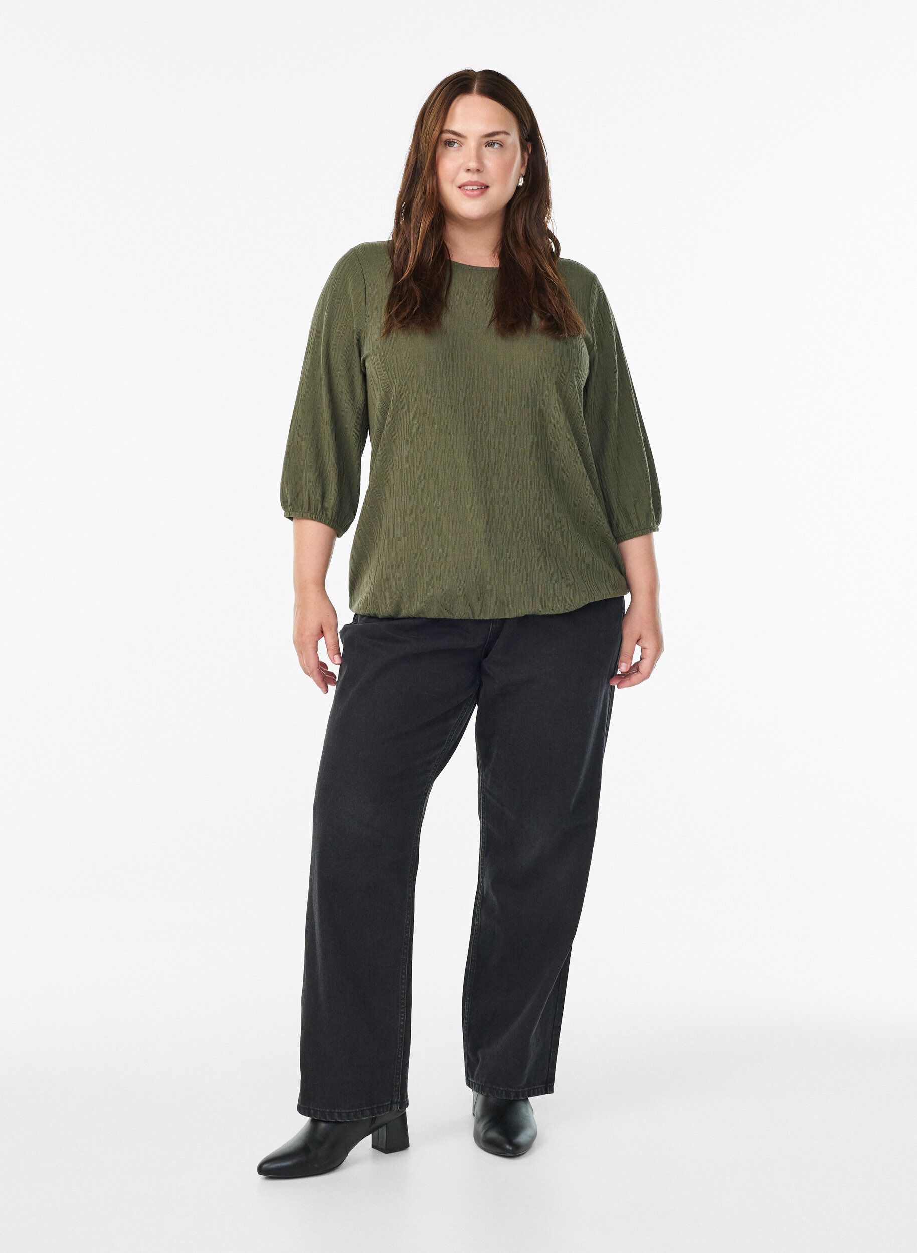 ZizzifashionBlouse with texture and 3/4 sleeves, Green, Model image number 1