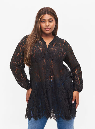 Lace tunic with button closure, Black, Model image number 0