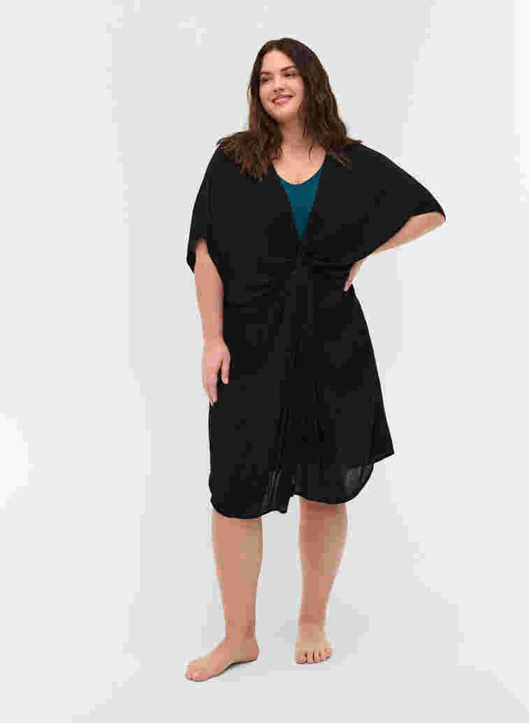 Short-sleeved viscose beach dress, Black, Model image number 2