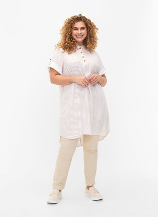 Short-sleeved viscose tunic with hood, White Natural Stripe, Model image number 2