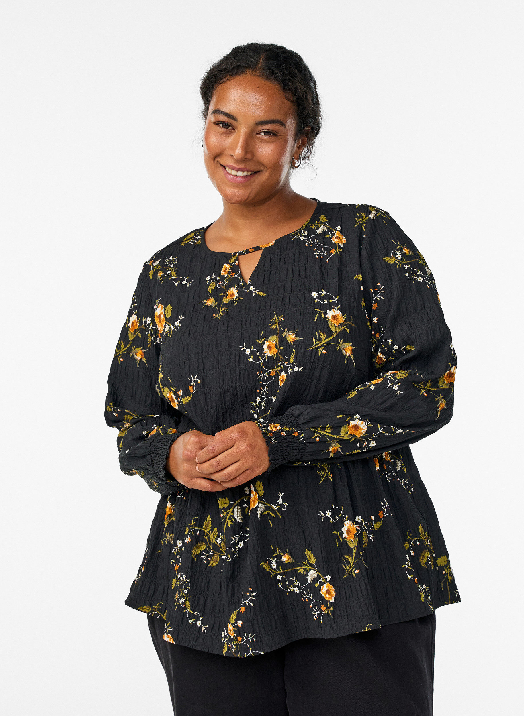 ZizzifashionLong-sleeved blouse with floral print, Black, Model image number 0