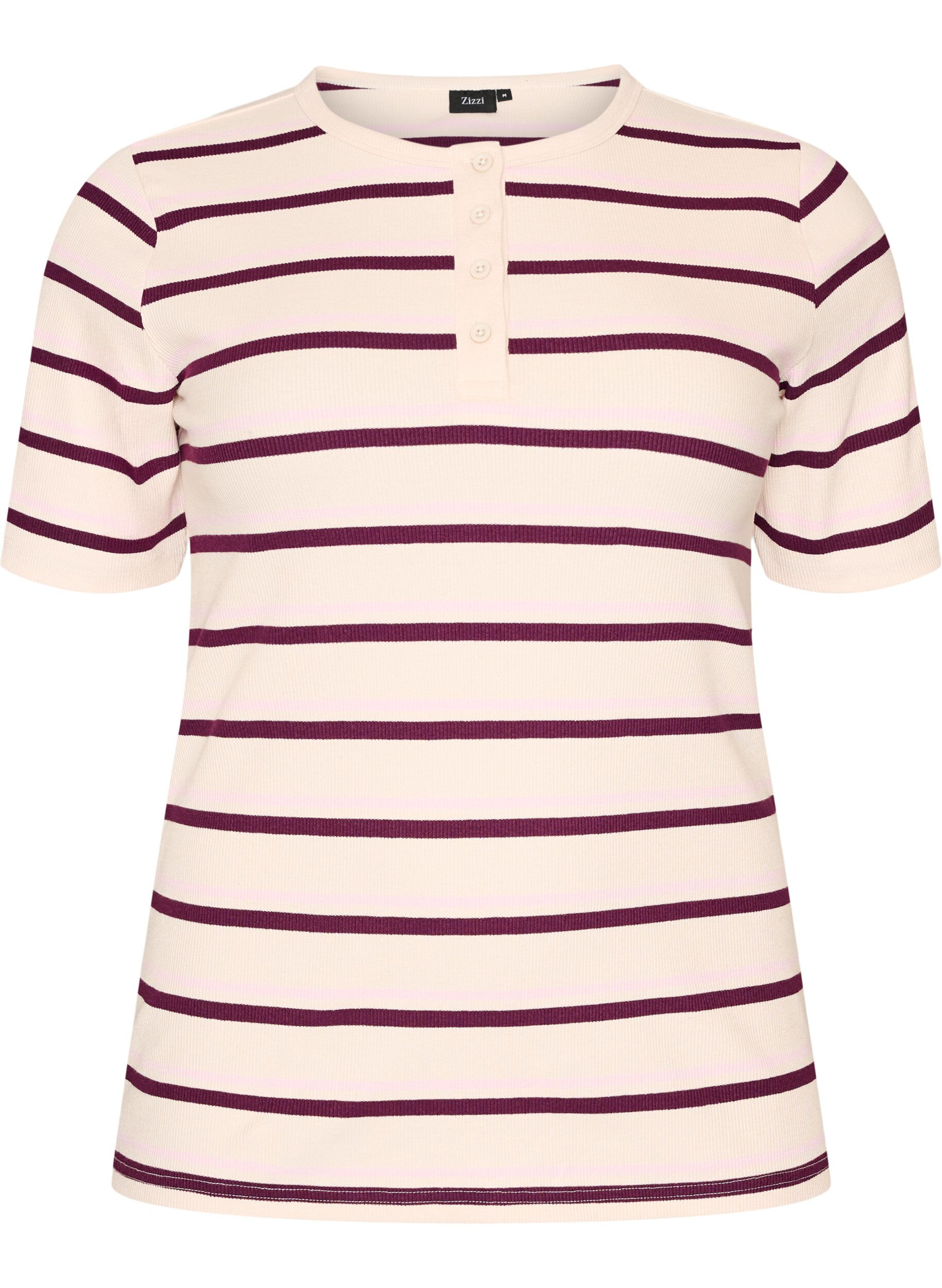 ZizzifashionRib T-shirt with stripes and button detail, Purple, Packshot image number 0