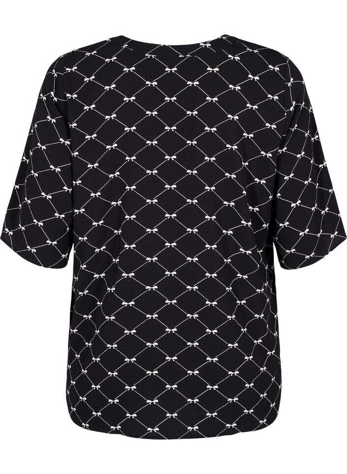 V-neck blouse with bow print, Black Bow AOP, Packshot image number 1