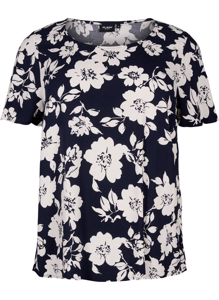 FLASH - Short sleeve viscose blouse with print, Blue, Packshot image number 0