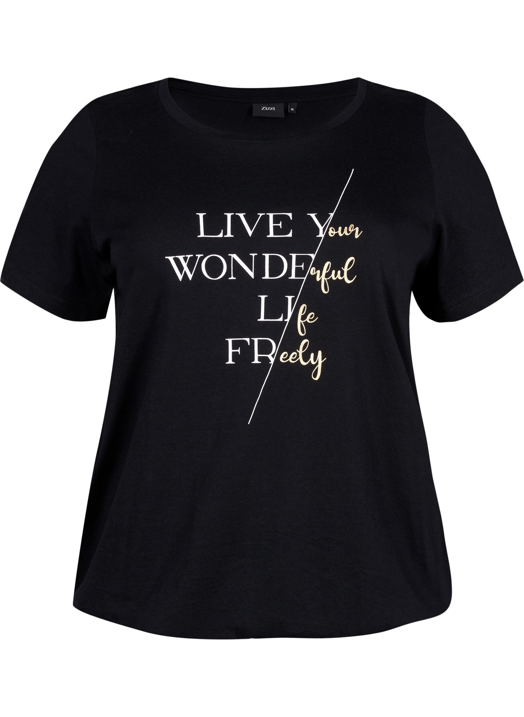 Zizzifashion Short-sleeved cotton T-shirt with elasticated hem, Black w. Live, Packshot image number 0