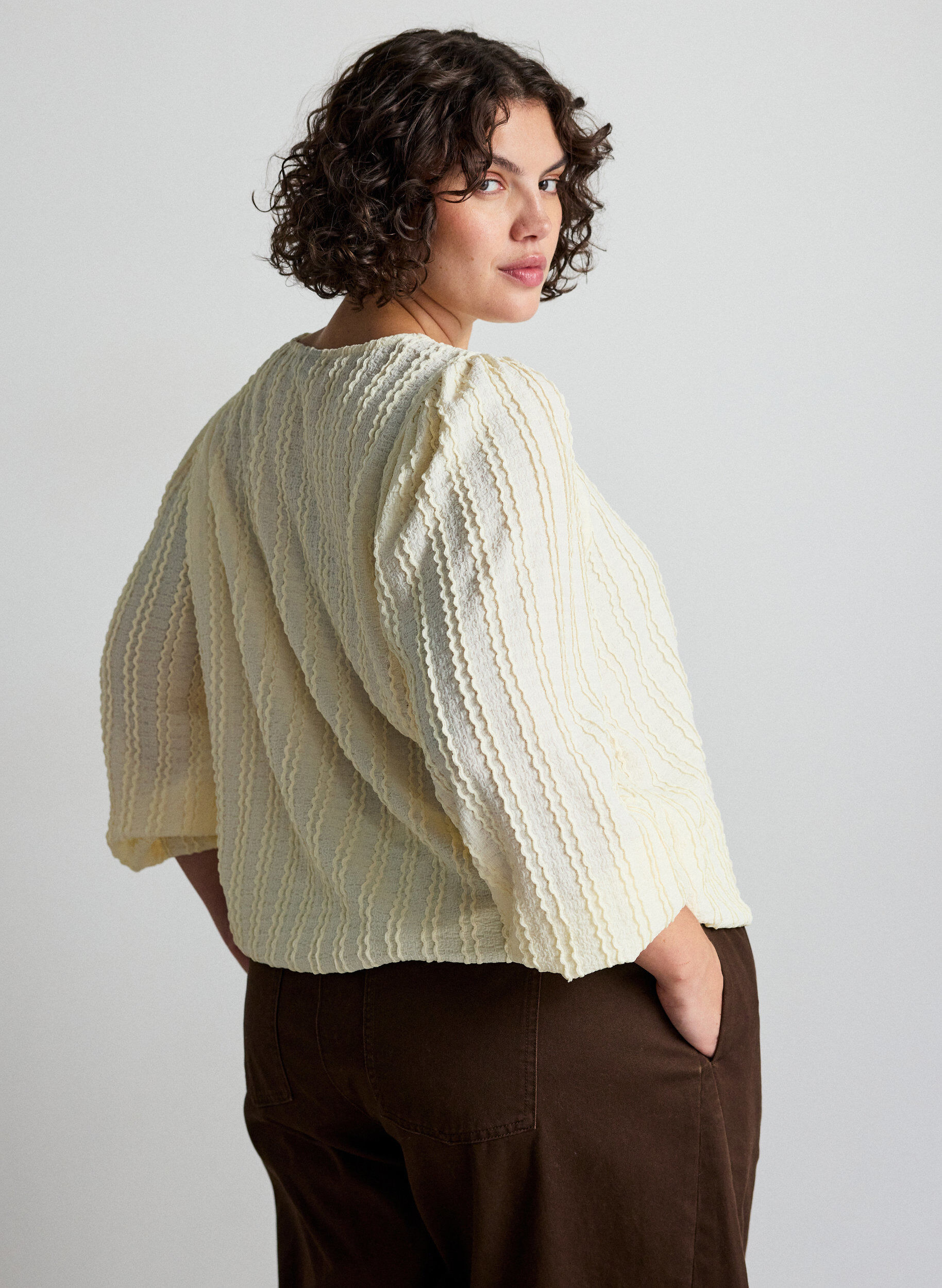 ZizzifashionTextured jersey blouse with a balloon silhouette, Vanilla, Model image number 2