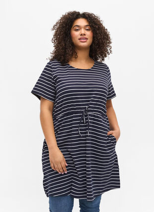 Short-sleeved cotton tunic with stripes, Blue Stripe, Model image number 0